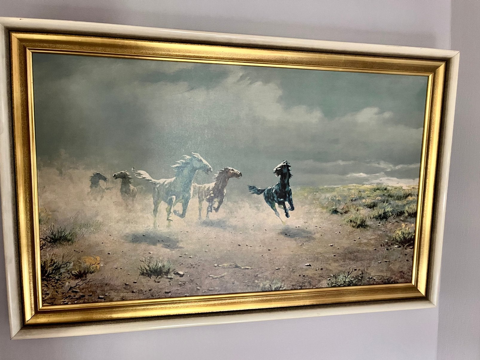 Grote luxe canvas 110 x 70 cm - galopperende paarden., Antiquités & Art, Art | Peinture | Classique, Animaux, Encadré, Enlèvement
