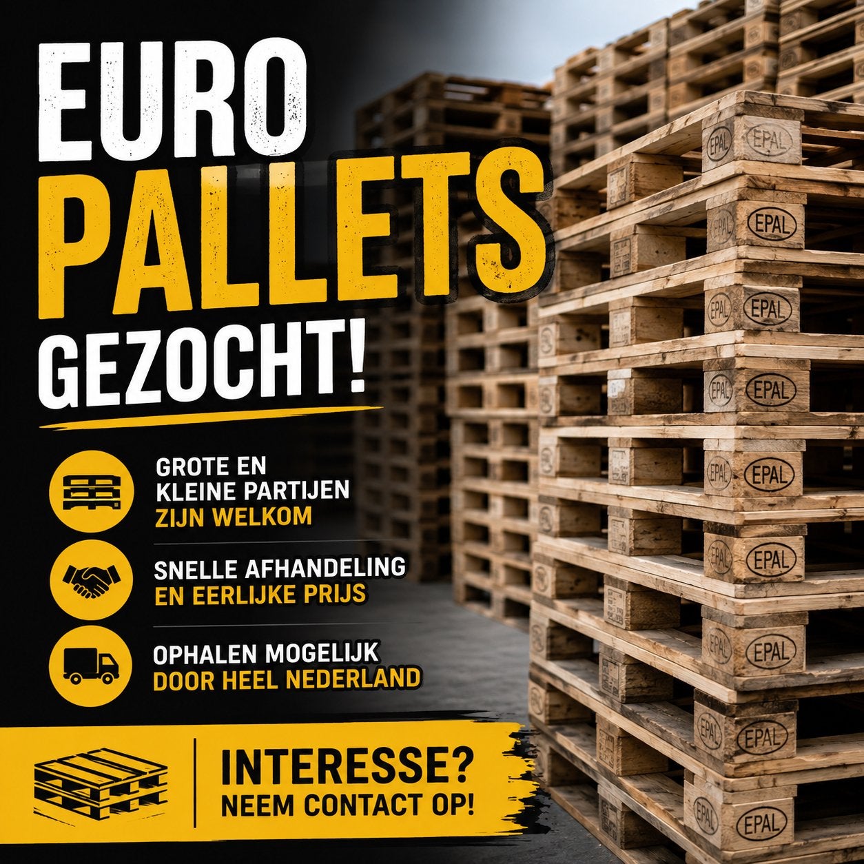 Europallets GEZOCHT!!, Doe-het-zelf en Bouw, Hout en Planken, Ophalen of Verzenden, Zo goed als nieuw