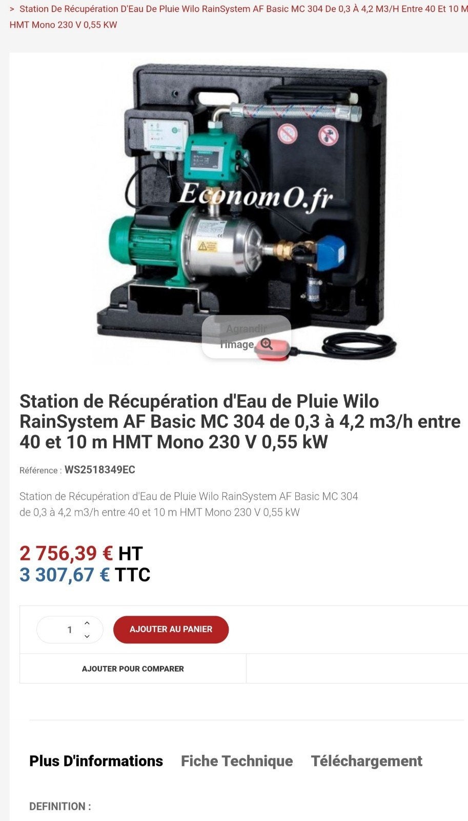station récupération d'eau de pluie WILO neuve, Enlèvement