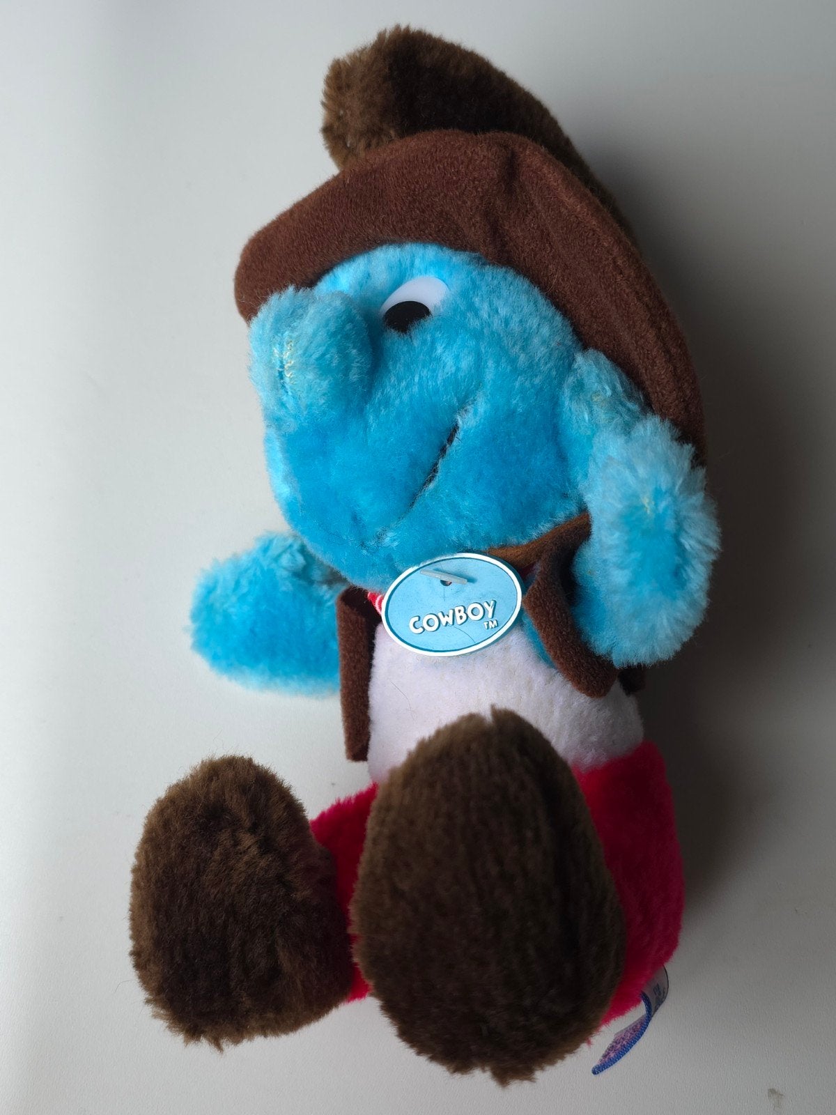 Ancienne peluche vintage Schtroumpf CowBoy, Collections, Schtroumpfs, Envoi, Comme neuf, Autres Schtroumpfs, Poupée, Figurine ou Peluche