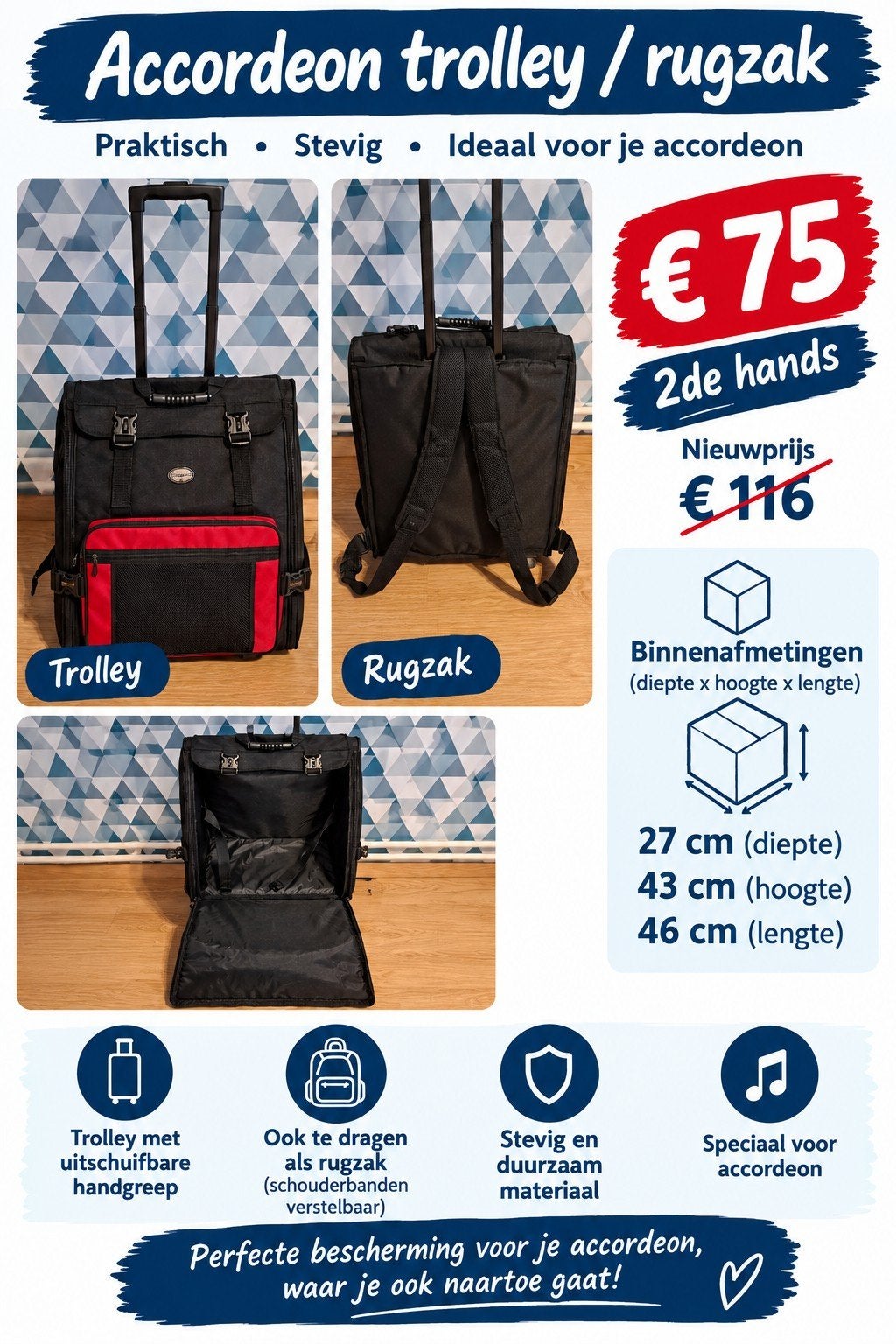 Trolley/rugzak voor een accordeon, Ophalen, Zo goed als nieuw