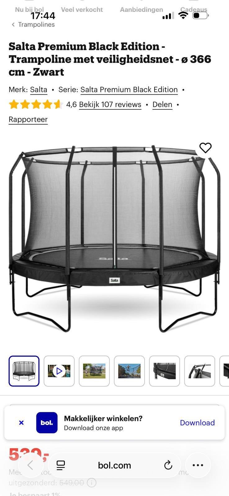Trampoline Salta avec filet de sécurité - ø 366 cm - Noir, Enlèvement, Utilisé