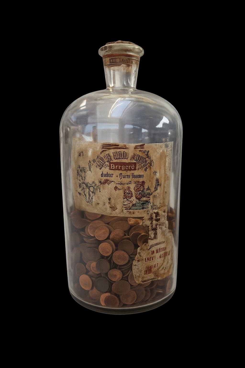 Antieke apothekersfles "Bergère" gevuld met koperen centen, Glas, Ophalen, Gebruikt, Met kurk