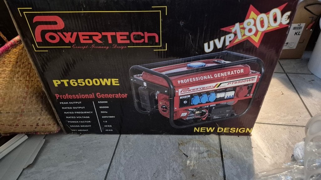Generator Powertech PT6500WE, Doe-het-zelf en Bouw, Ophalen, Zo goed als nieuw, Benzine, Elektrisch startend