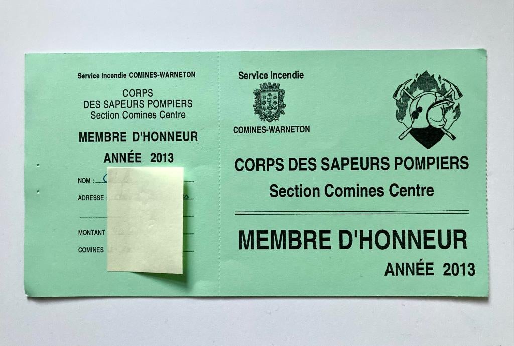 2 cartes membre d'honneurs des sapeurs pompiers de Comines, Enlèvement ou Envoi