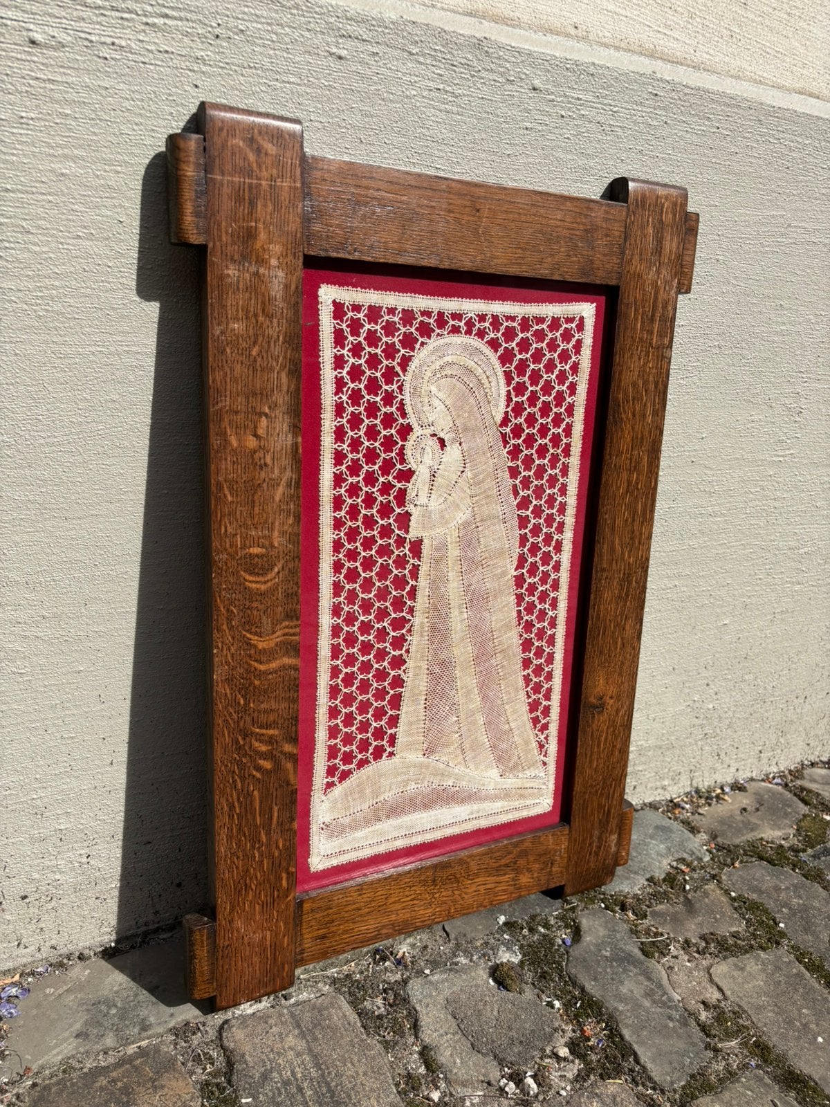 Brugse kloskant van Madonna met kind in eikenhouten kader, Antiek en Kunst, Ophalen