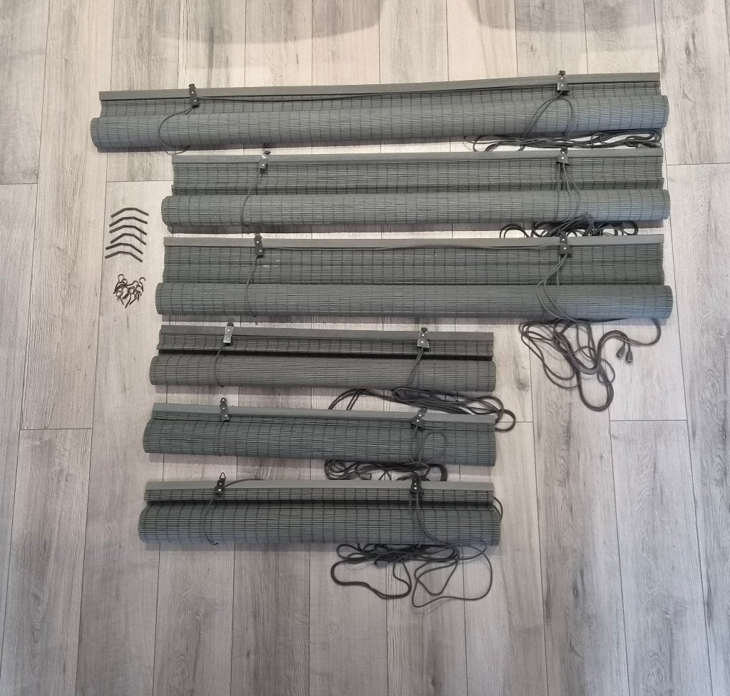 6 grijze bamboe rolgordijnen, Ophalen, Grijs, Rolgordijn, Bamboe