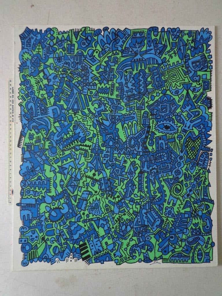 Leuk hedendaags schilderij Doodle Art getekend Sim, Antiek en Kunst, Ophalen of Verzenden, Gesigneerd, Olieverf, Abstract