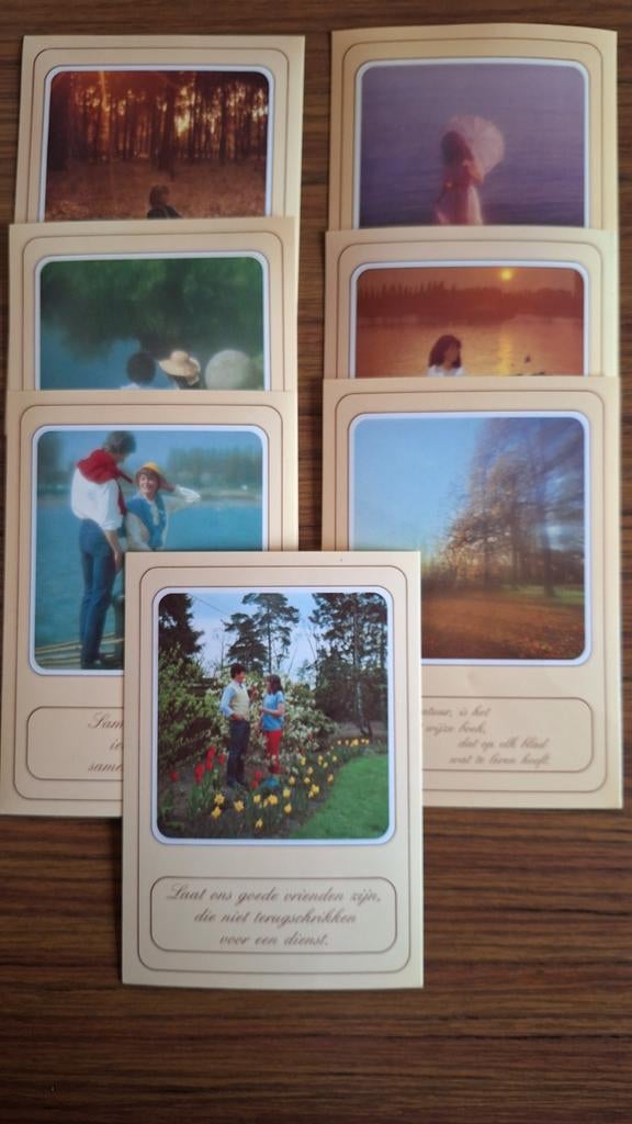 Set van 7 postkaarten met ingekaderde spreuken, Ophalen of Verzenden, 1960 tot 1980, Ongelopen, Overige thema's