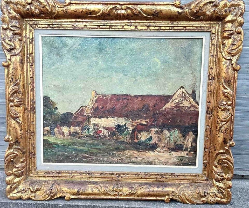 Huile sur toile fermette en Brabant signe Armand jamar, Antiquités & Art, Art | Peinture | Classique, Enlèvement ou Envoi, Toile