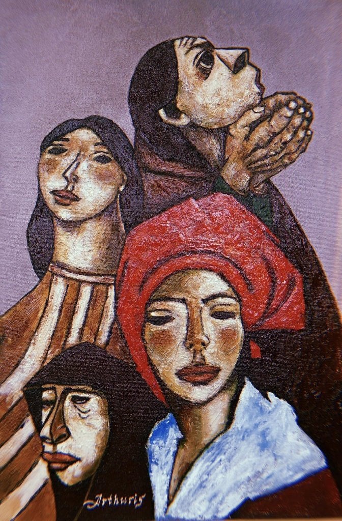 Peinture « Les Quatre Grâces », Antiquités & Art, Art | Peinture | Moderne, Textile, Peinture à l'huile, Portrait, Sur cadre en bois