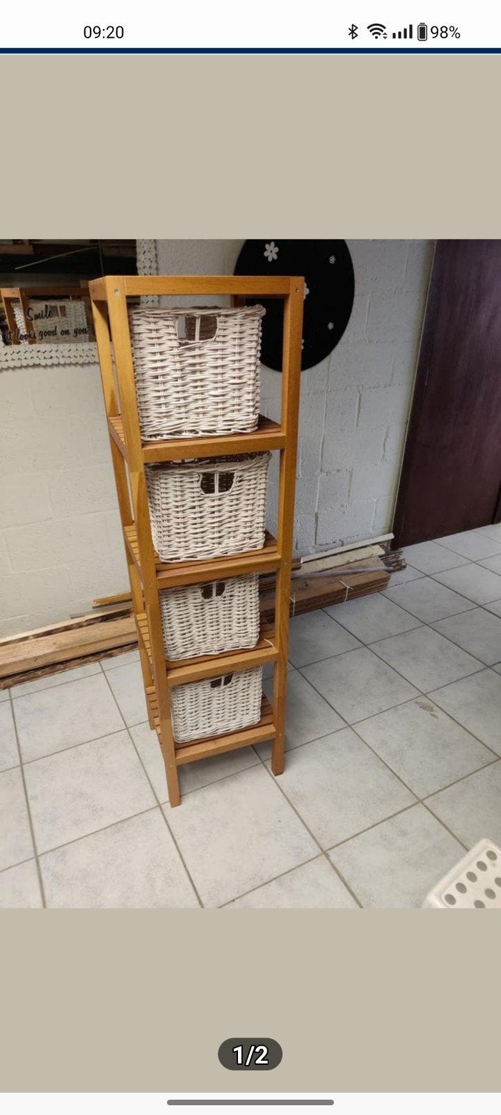 Houten rekje met rieten mandjes, Huis en Inrichting, Ophalen