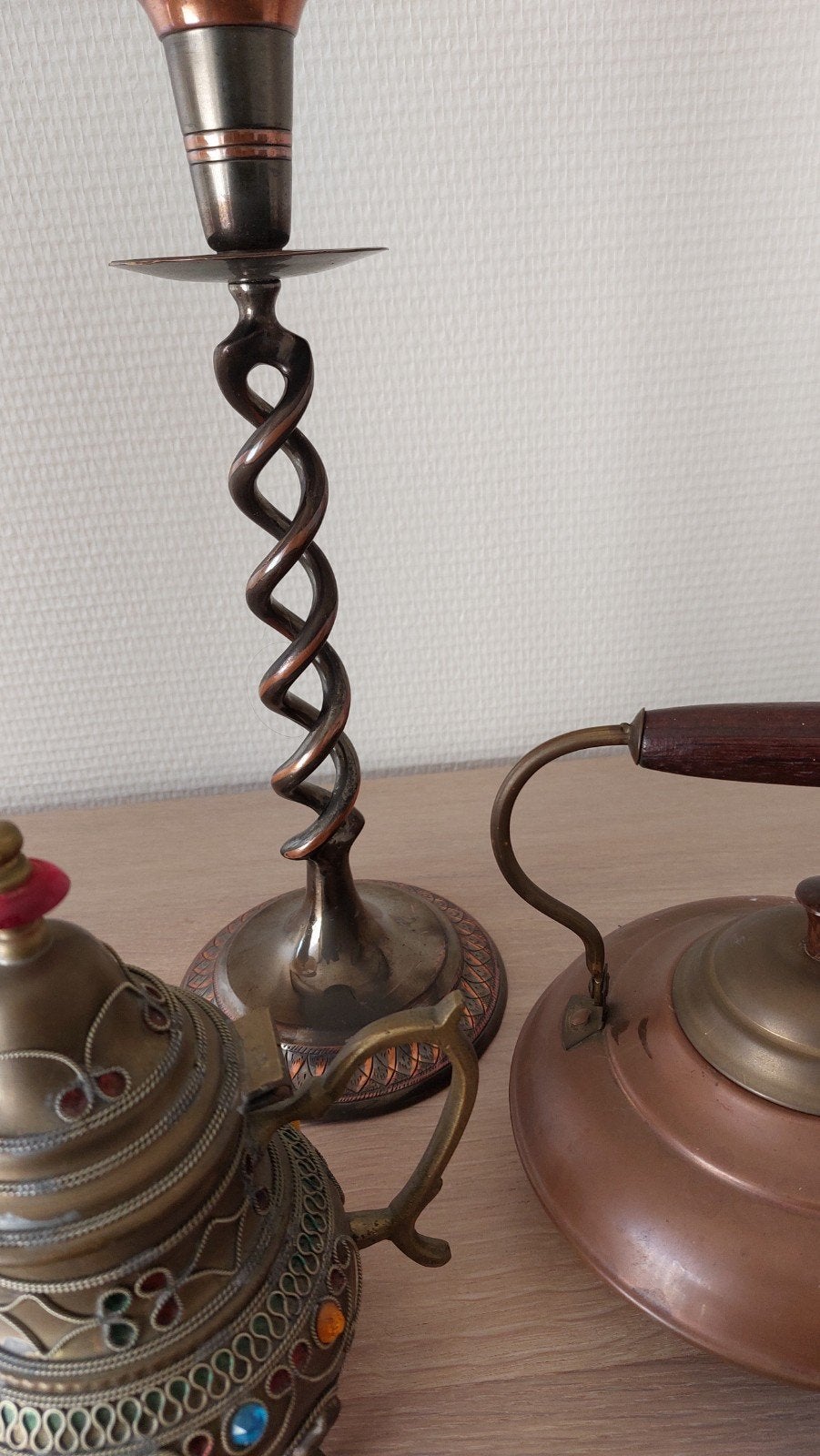 koper 4 kelkjes ,1 kandelaar, 1 theekan, 1 waterketel samen, Antiek en Kunst, Ophalen
