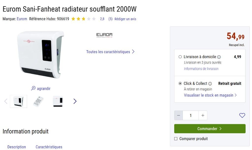 Eurom Sani-Fanheat warme luchtblazer 2000W, Minder dan 30 cm, Hoog rendement (Hr), Radiator, Nieuw