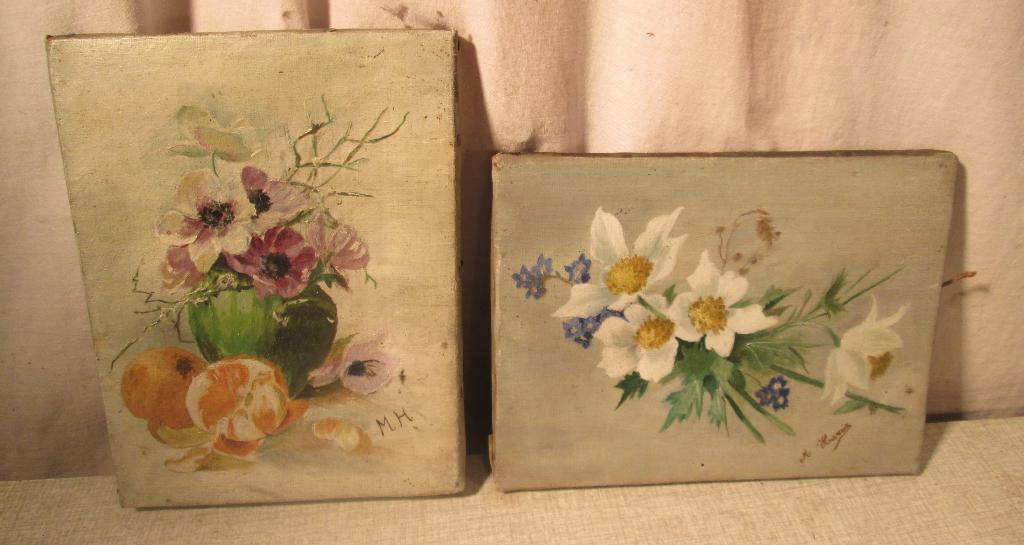 2 Mooi Oude Geschilderde Werken met Bloemen - gesigneerd, Antiek en Kunst, Ophalen of Verzenden