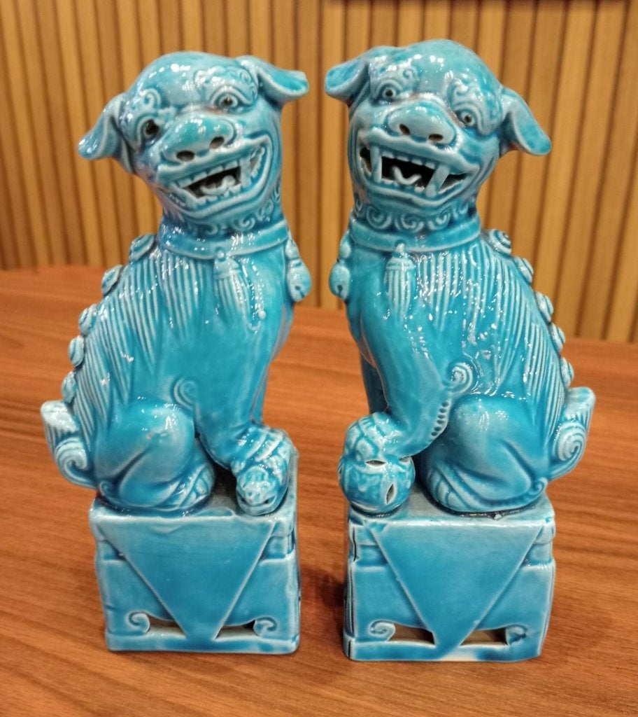 Foo-Dogs en céramique émaillée bleue., Enlèvement ou Envoi