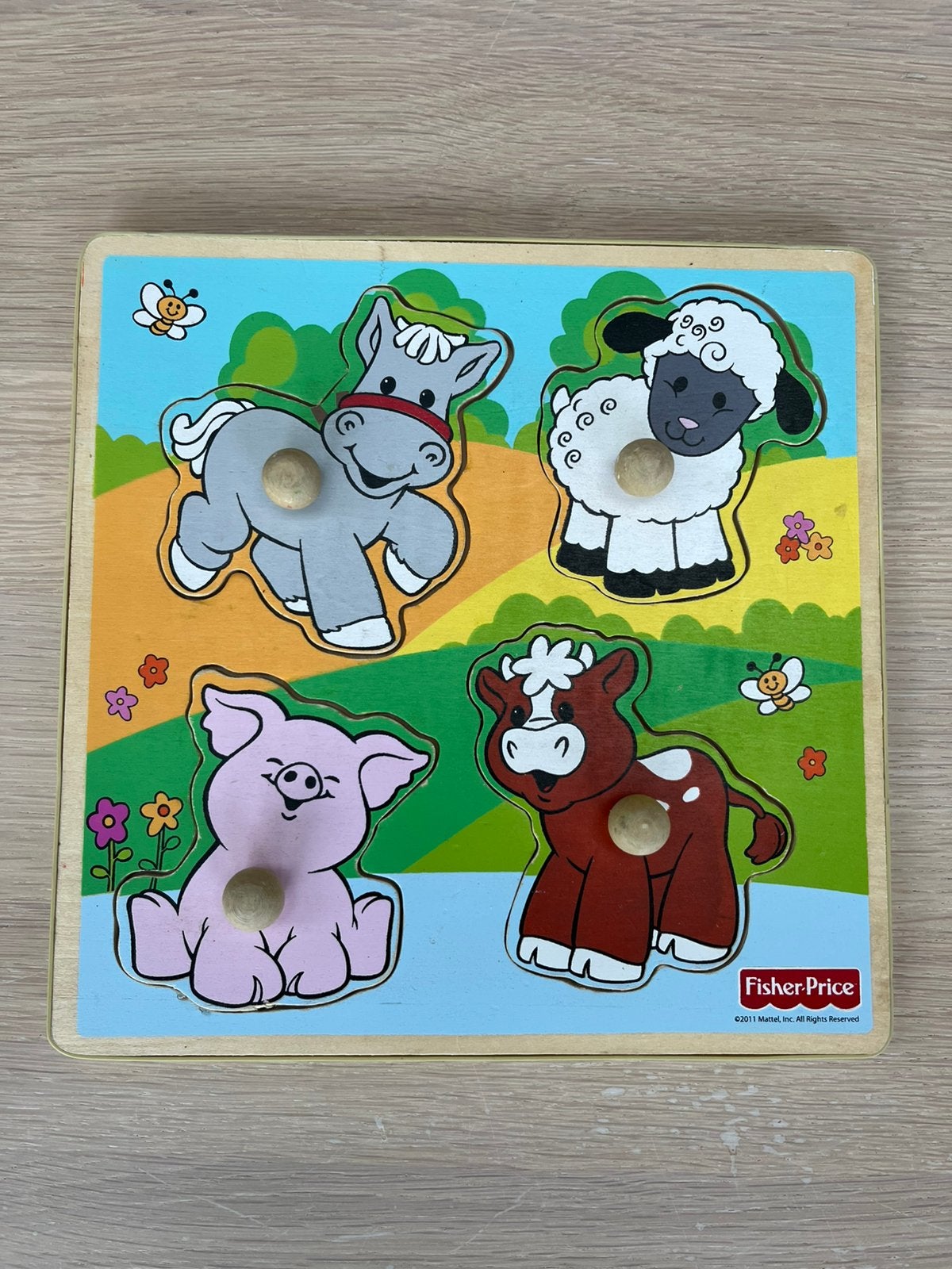 FISHER PRICE vintage noppenpuzzel boerderijdieren, Gebruikt, Ophalen of Verzenden, Van hout, Minder dan 10 stukjes