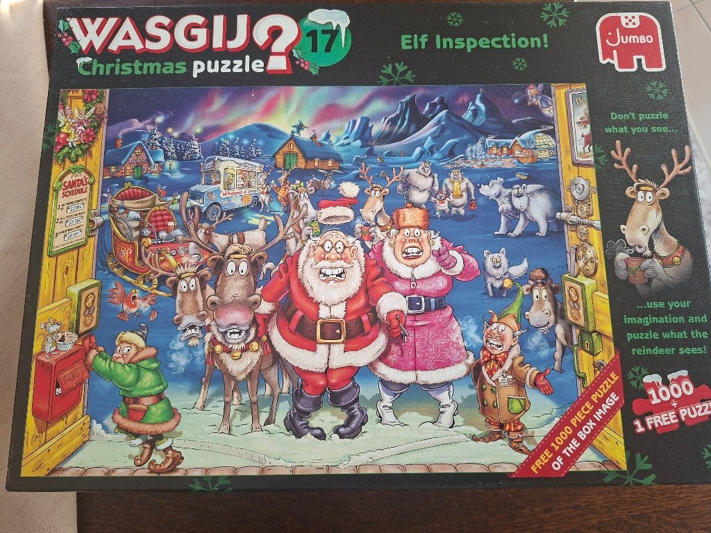 puzzel wasgij Christmas puzzle elf inspection 2x1000 st, Enlèvement, 500 à 1500 pièces, Comme neuf, Puzzle