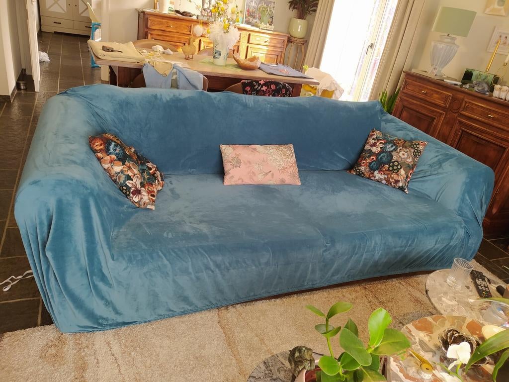 Bankhoes blauwe zachte velours (Velvet), Huis en Inrichting, Fauteuils, Ophalen, 100 tot 125 cm, Klassiek, Zo goed als nieuw