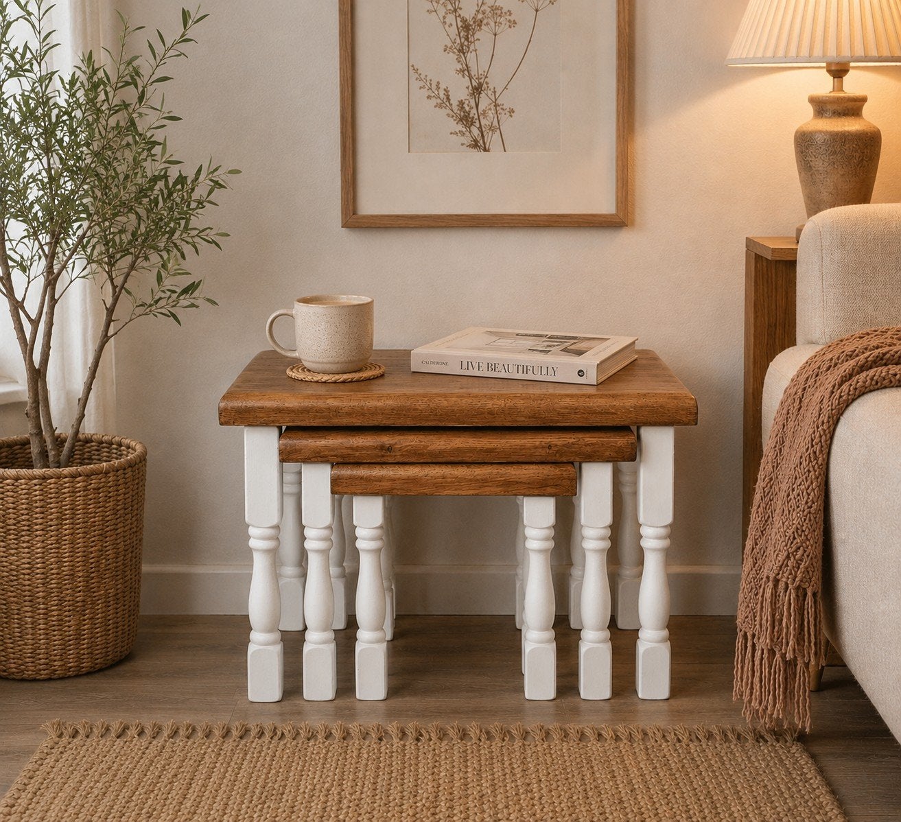 Gerenoveerde set massief eiken bijzettafels., Ophalen, Minder dan 45 cm, Landelijk / klassiek / tijdloos, 55 tot 75 cm
