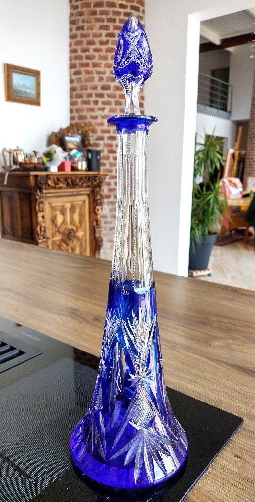 Val Saint Lambert grande carafe Eiffel bleu cobalt, Antiquités & Art, Enlèvement ou Envoi