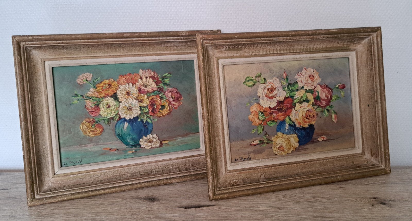 Paire peinture à l'huile au couteau H. de Mervil fleurs, Antiquités & Art, Enlèvement ou Envoi, Pastel, Nature morte