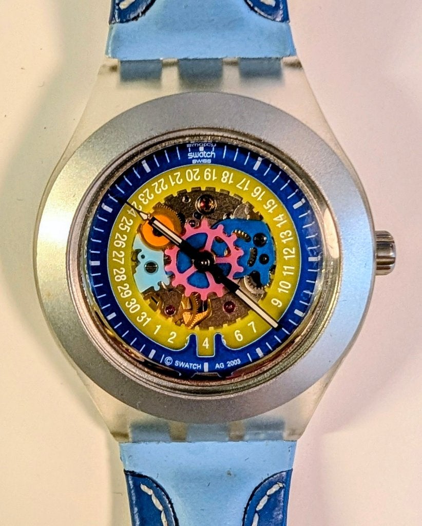 Swatch Diaphane Automatic squelette bleue, Bijoux, Sacs & Beauté, Enlèvement ou Envoi, Utilisé, Swatch