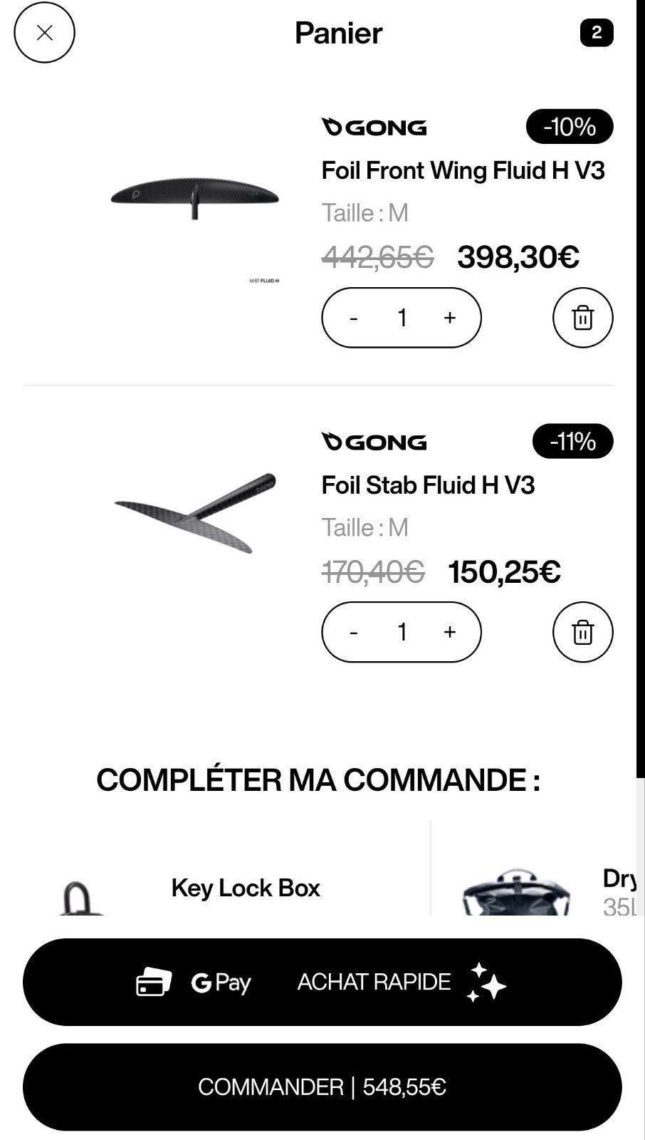 Foil Gong Fluid V3 set M carbone, Enlèvement, Comme neuf, Wingsurf hydroptère