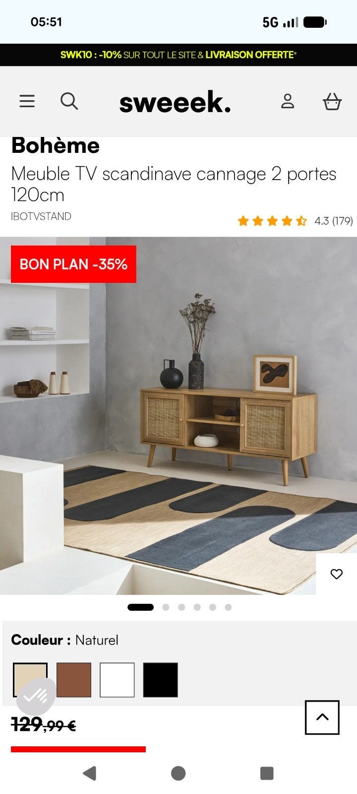 Meuble TV scandinave cannage 2 portes 120cm, Enlèvement, Comme neuf, Scandinave, Moins de 100 cm