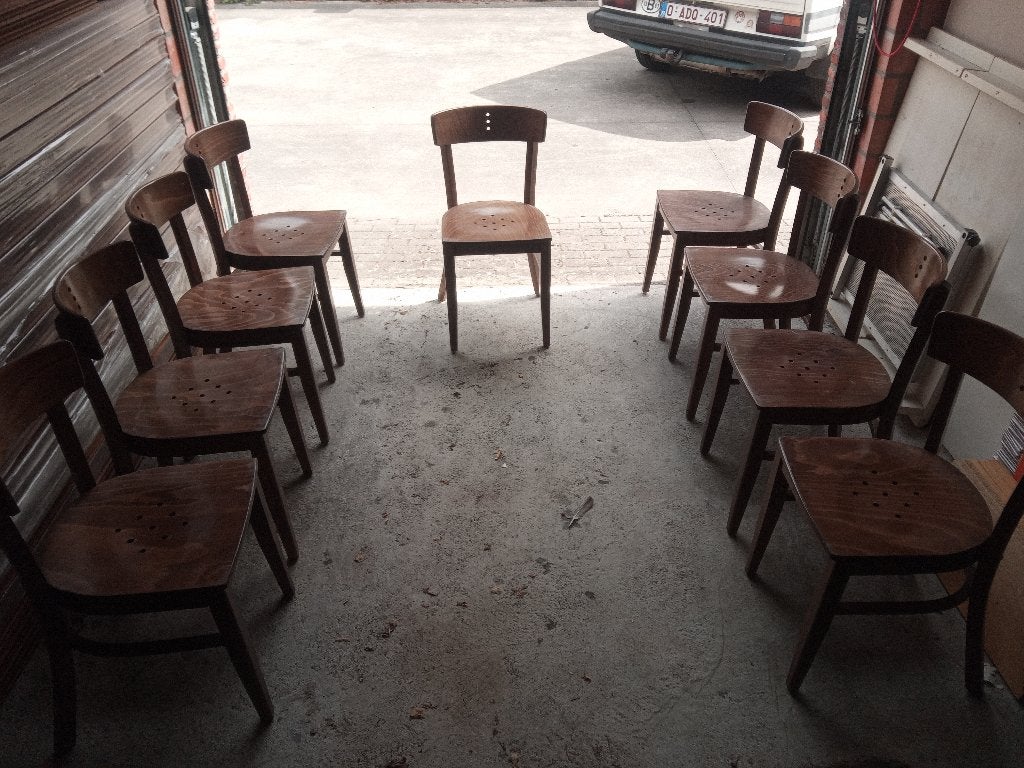 Unieke set van 8 vintage houten cafestoelen hutten selection, Ophalen