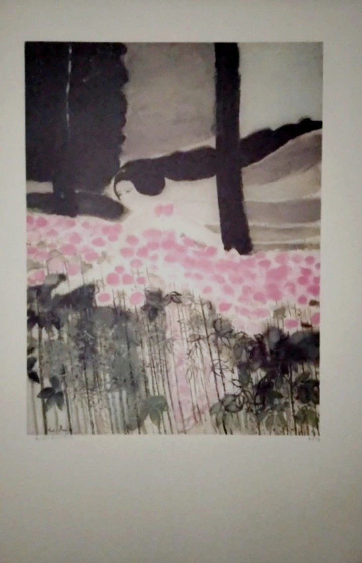 Andre Brasilier.. Japanse gravure. Vrouw met bloemen., Ophalen of Verzenden