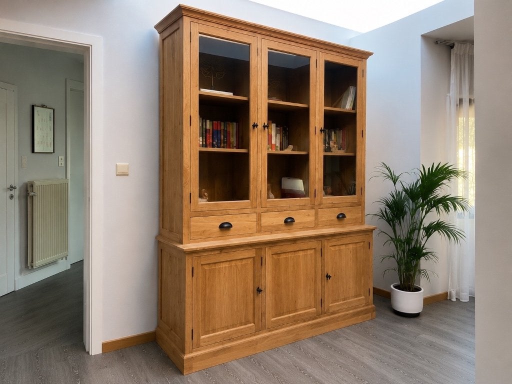 Vitrinekast massief teak hout, Teck, Avec tablette(s), 150 à 200 cm, Comme neuf