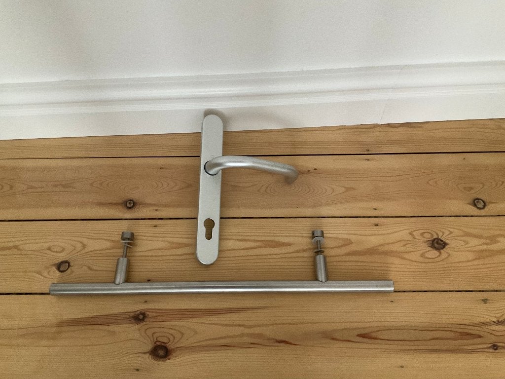 Deurklink en deurgreep in metaal., Doe-het-zelf en Bouw, Hang- en Sluitwerk, Ophalen, Gebruikt, Inox, Klink of Kruk