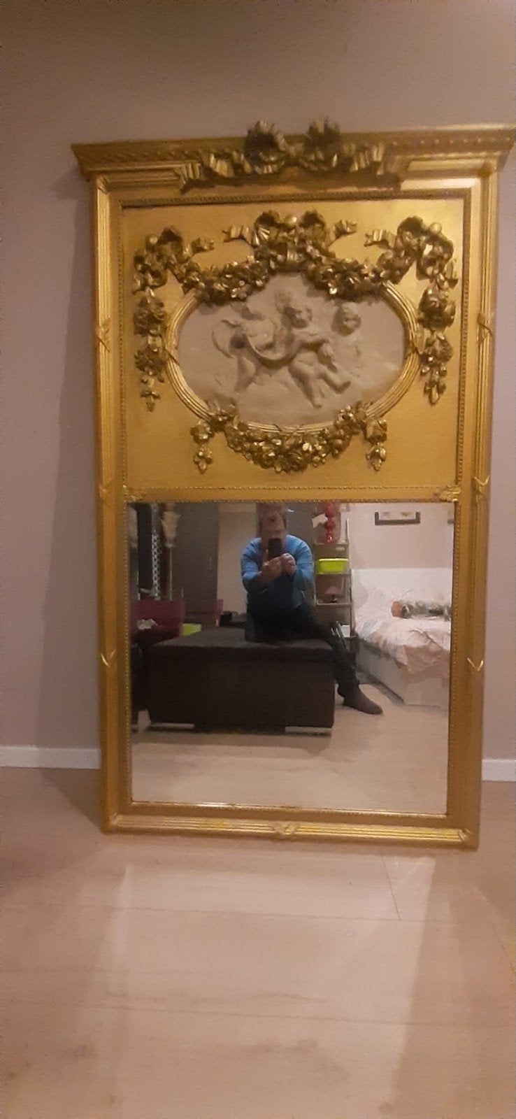 Antieke Franse Trumeau Spiegel Lodewijk XVI Stijl (bieden), Antiek en Kunst, Ophalen, Rechthoekig, 50 tot 100 cm, 150 tot 200 cm