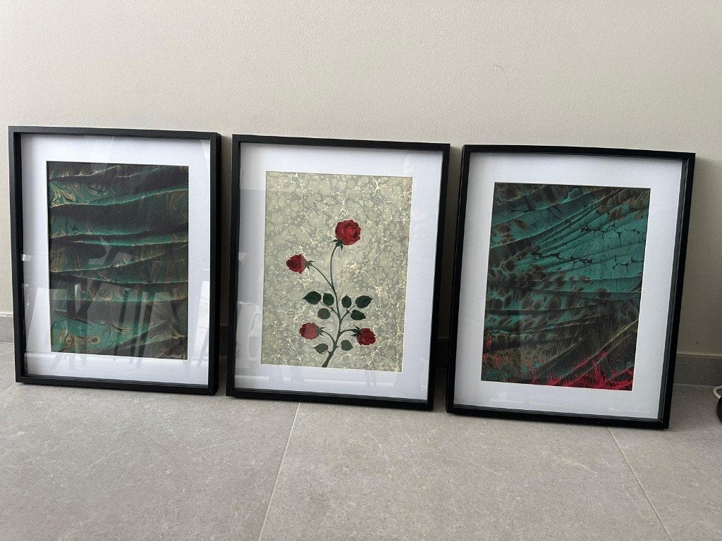 3 stuks originele, handgemaakte Turkse Ebru-kunst, Antiquités & Art, Autres sujets, Enlèvement, Impression, Papier