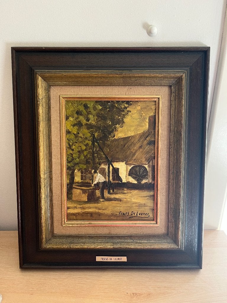 Frans De Leener olieverfschilderij man bij de put, Antiek en Kunst, Ophalen of Verzenden, Doek