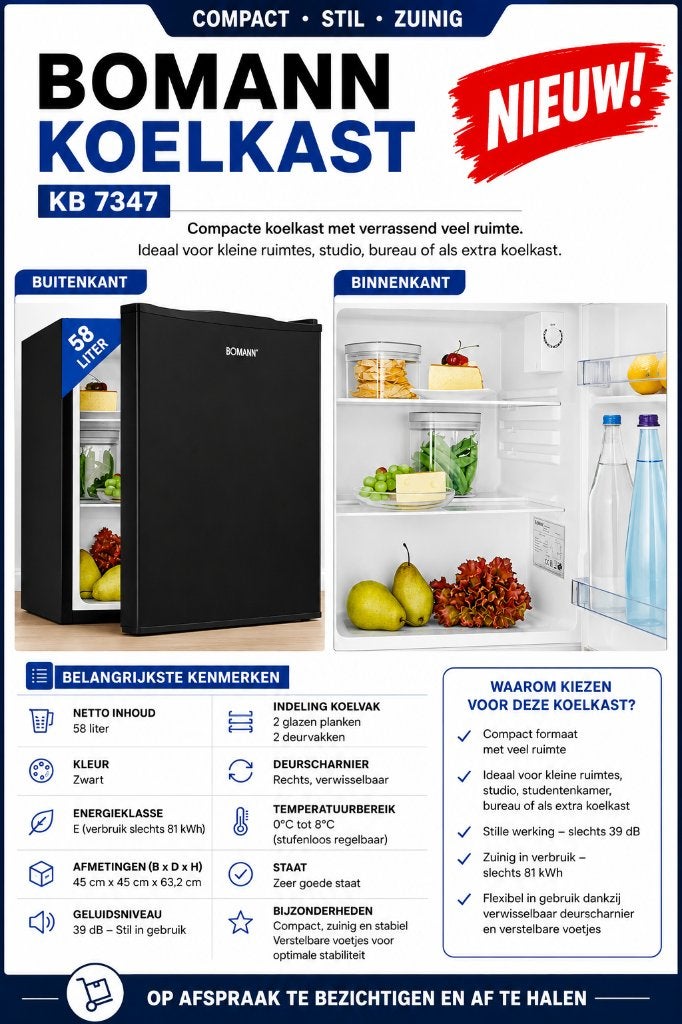 Mini koelkast 58L - NIEUW!, Ophalen, Nieuw, Minder dan 75 liter, Met vriesvak