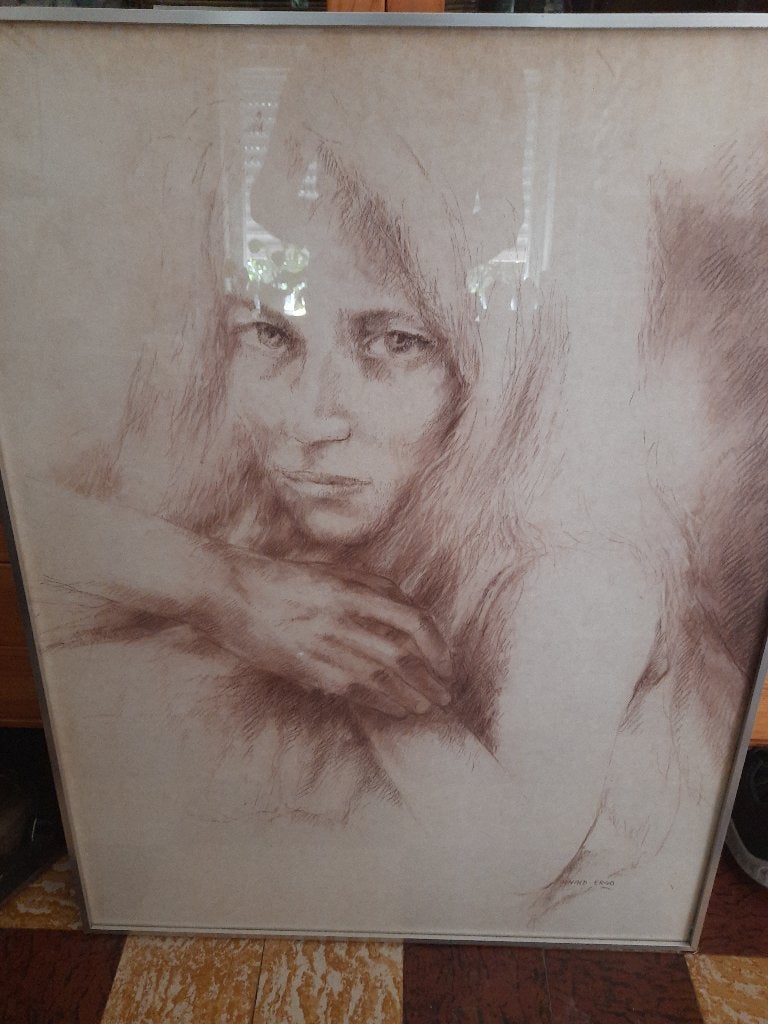 potloodtekening jonge vrouw - groot formaat, Antiquités & Art, Enlèvement, Dessin, Dessin au crayon, Sous verre