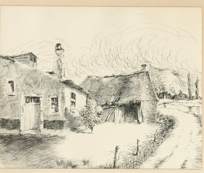 Vintage inkttekening boerderij, Ophalen, Tekening, Achter glas