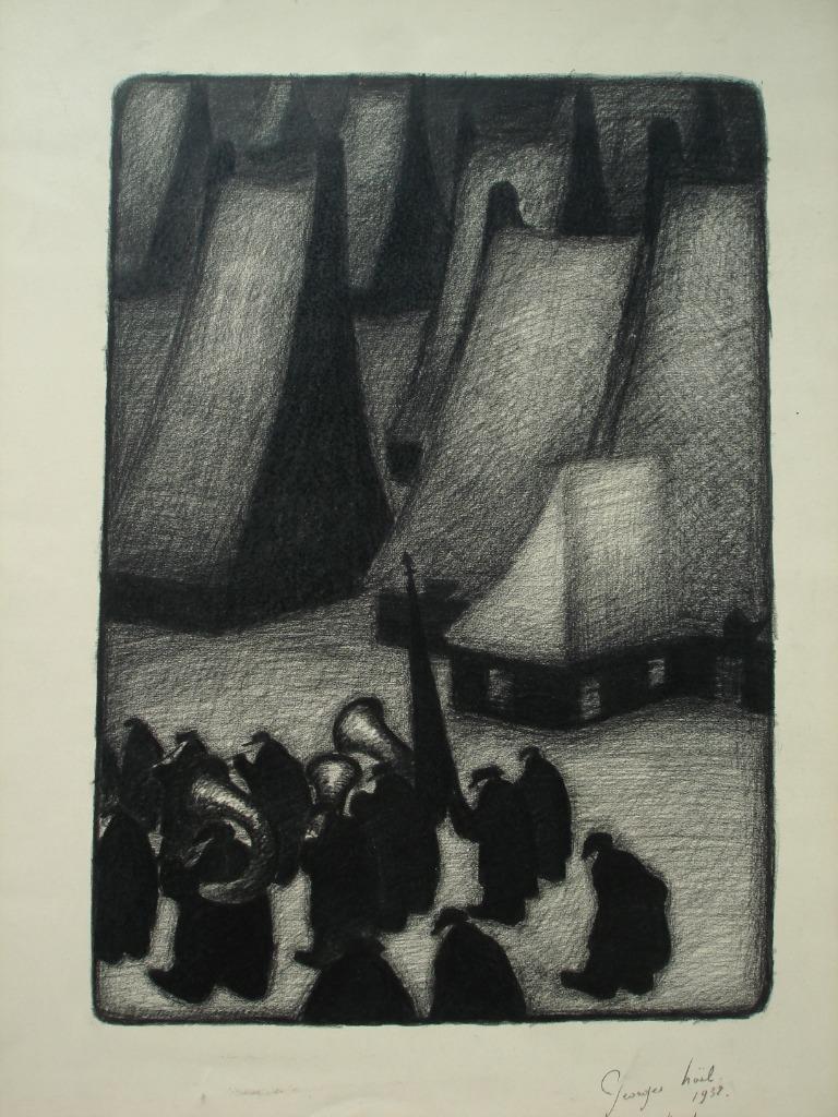 hiver 1932 Georges (Géo) Noel Mons fanfare dans le village, Antiquités & Art, Enlèvement ou Envoi