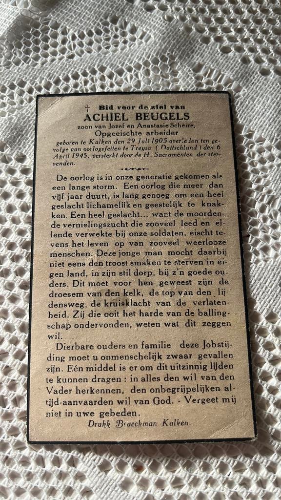 Bp Achiel Beugels gb te kalken gesneuveld te Treysa 1945, Envoi, Image pieuse
