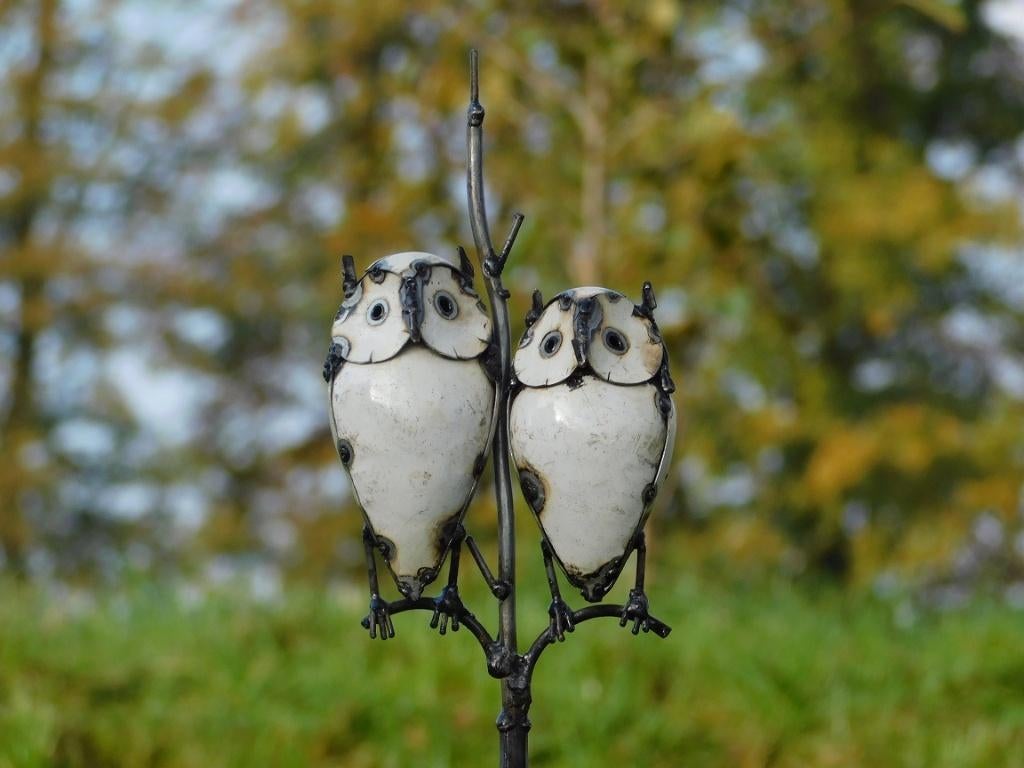 Handgemaakte Tuinsteker met 2 Uilen - 113 cm - Metaal, Tuin en Terras, Ophalen of Verzenden