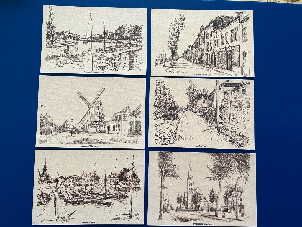 6 tekeningen Sas van Gent (Nl), Ophalen of Verzenden