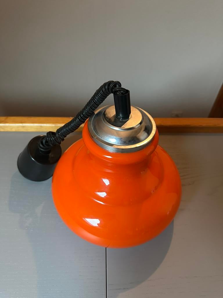 Vintage retro oranje glazen hanglamp, Huis en Inrichting, Lampen | Hanglampen, Ophalen, Gebruikt, Glas