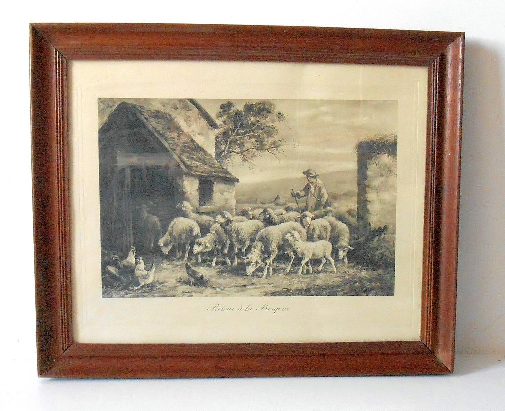 'Retour à la Bergerie' - Ingekaderde gravure, Antiek en Kunst, Kunst | Etsen en Gravures, Ophalen