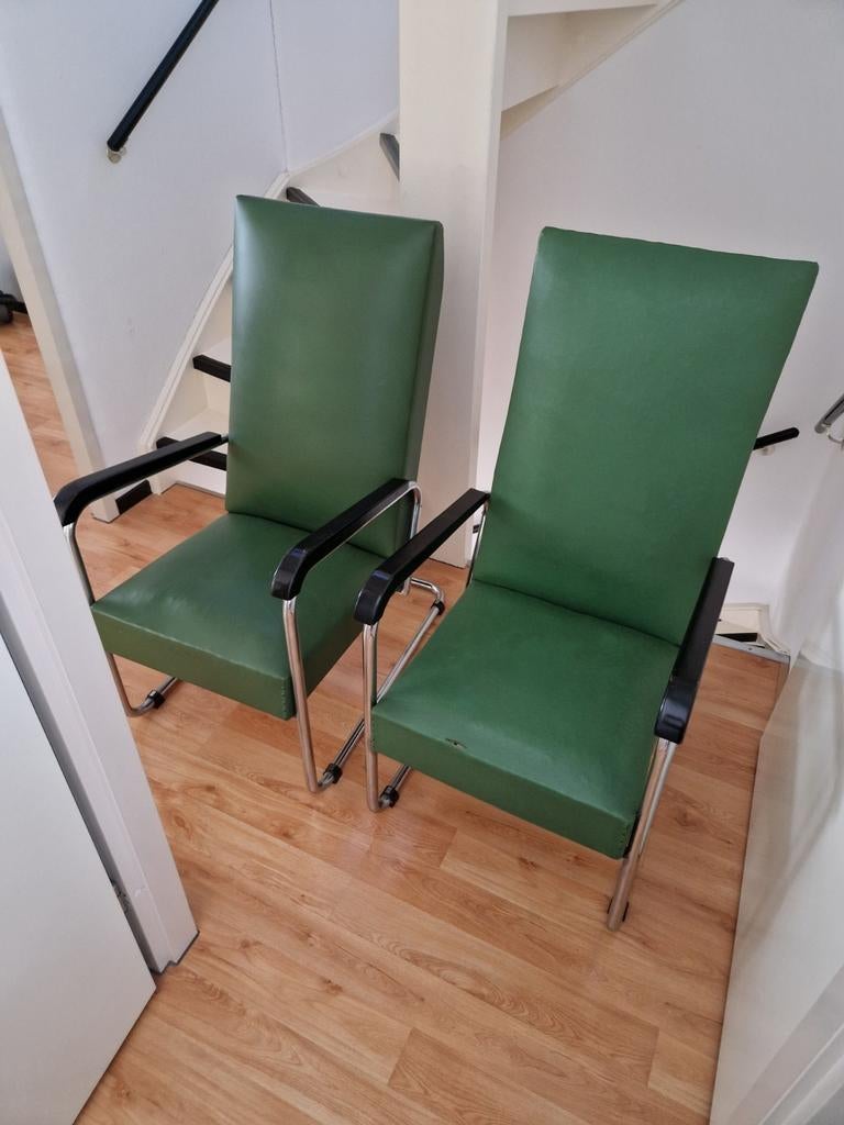 set van 2 retro zetels chroom met groen., Huis en Inrichting, Ophalen, Gebruikt, Leer