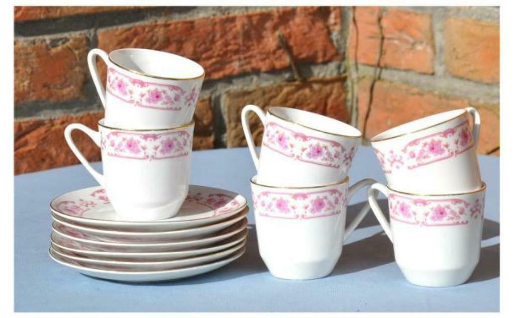 §6 tasses moka avec sous tasse porcelaine de chine fleur ros, Enlèvement ou Envoi, Comme neuf, Autres styles, Porcelaine