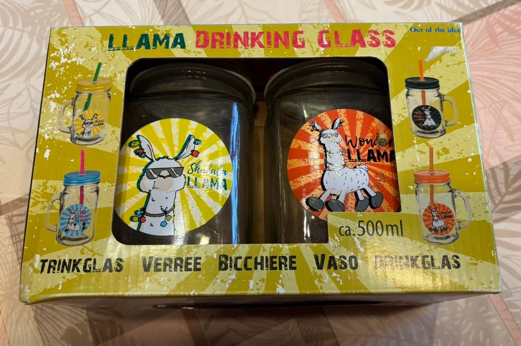 2 lama drinkglazrn met deksel en rietje 500 ml, Ophalen of Verzenden, Nieuw, Frisdrankglas