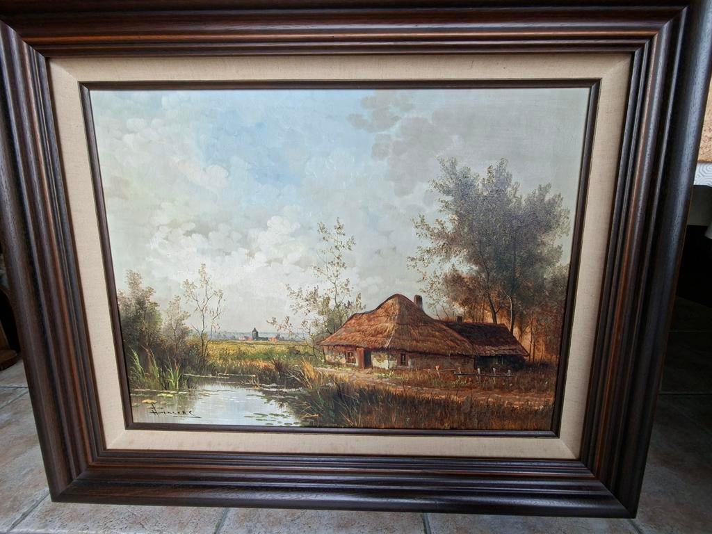 Olieverf schilderij boerderij op doek v Hansens b105 x h85, Ophalen