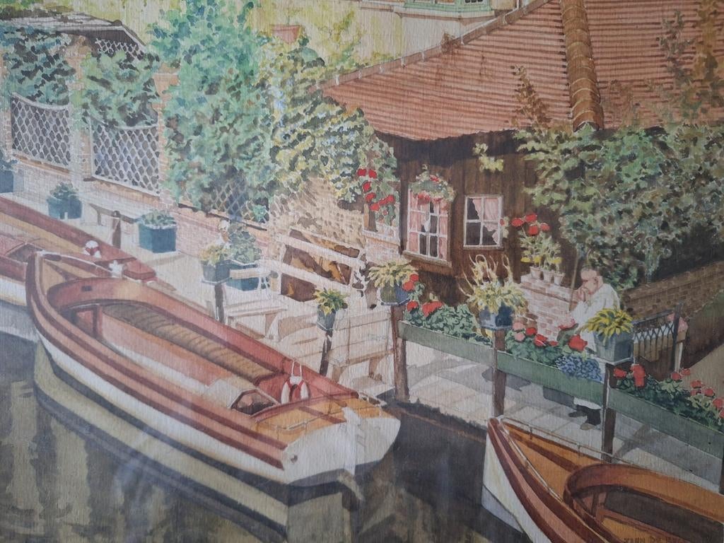 Kleurrijke aquarel van Jean De Ryck Boten naast fleurig huis, Antiek en Kunst, Ophalen of Verzenden